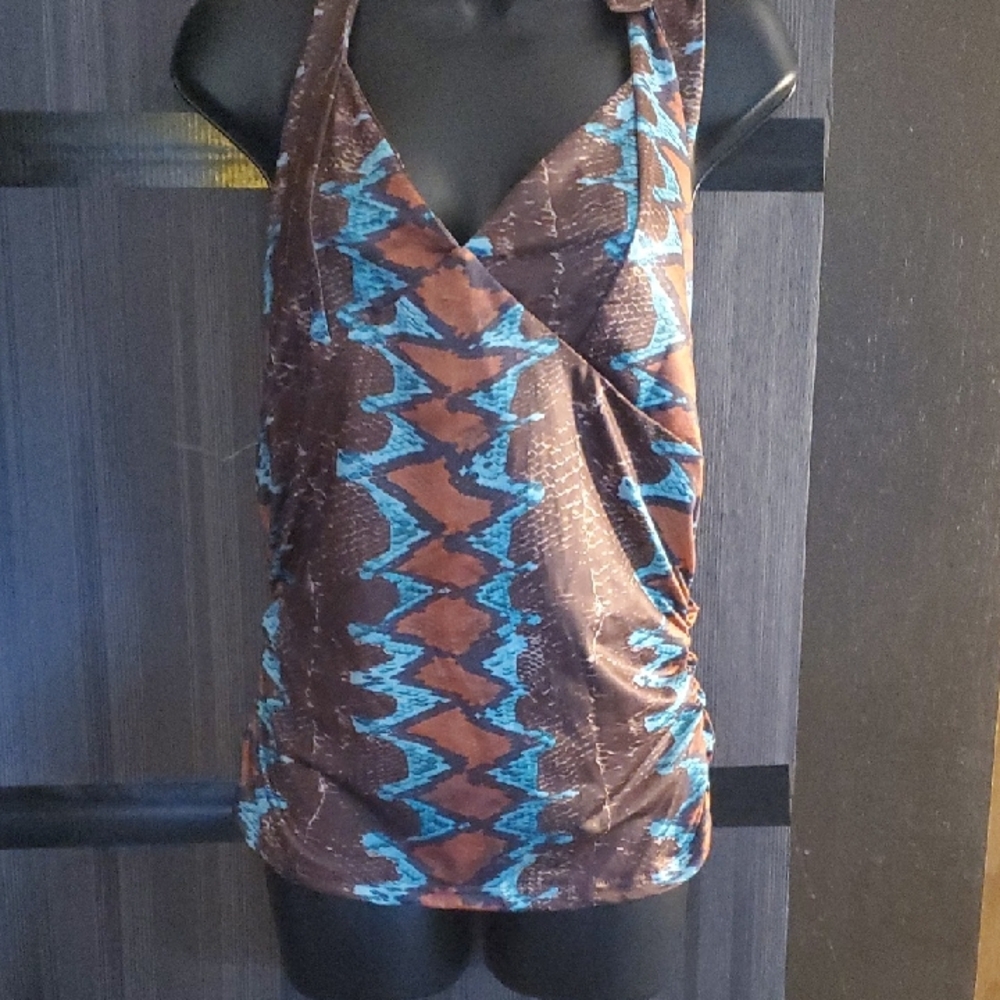 Sleeveless Backless V-Neck Print Swim/Tank Top in Brown and Turquoise